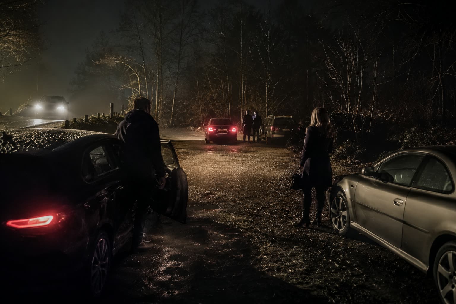 Silhouettes in a car at night with onlookers nearby, illustrating dogging