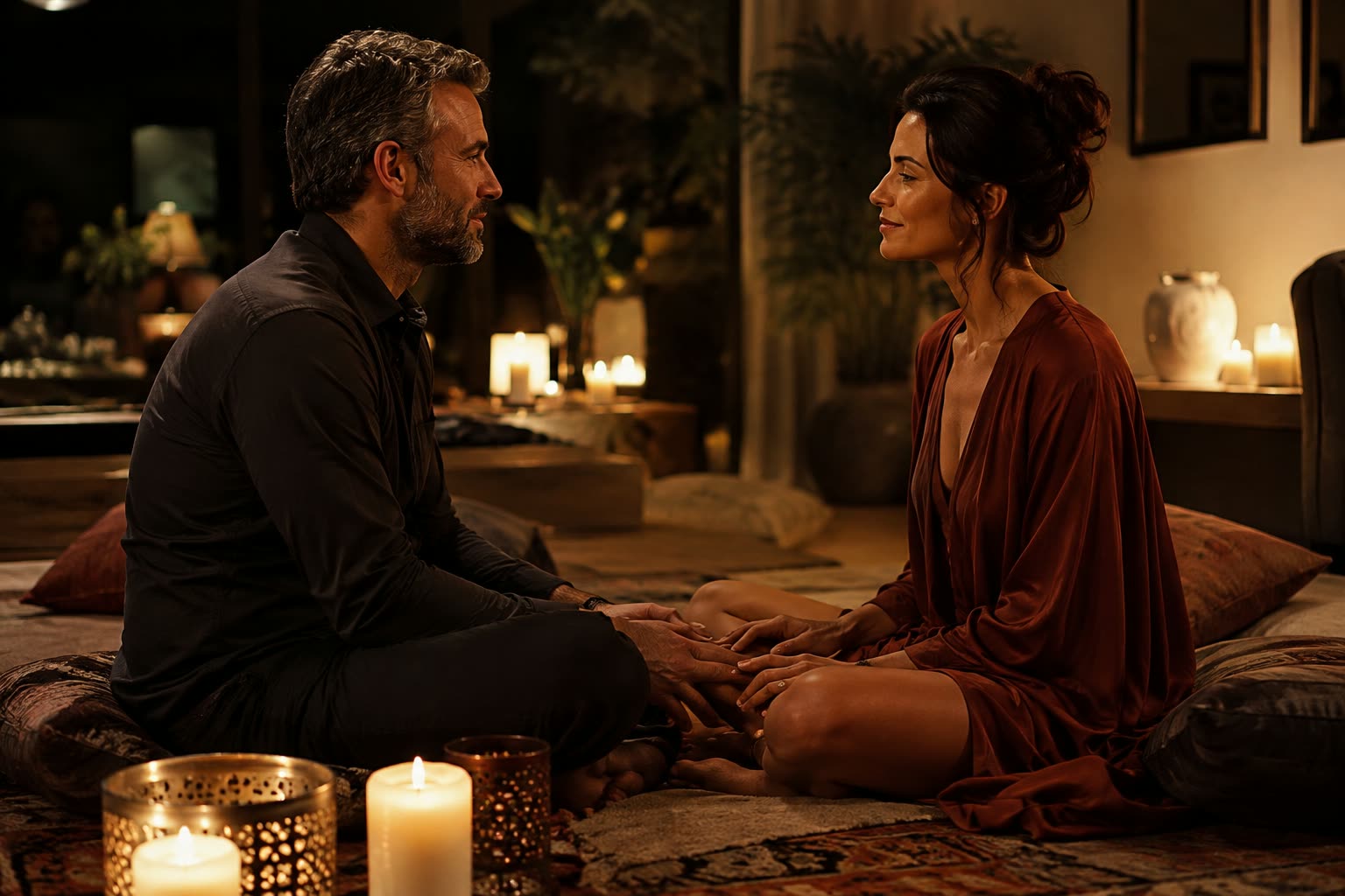 A couple in tender candlelit closeness, foreheads touching, illustrating tantra